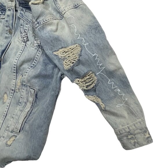 ZARA TRAFALUC DENIM Destroyed Graffiti Long Jean Jacket Women Small 90s Grunge - Picture 7 of 16